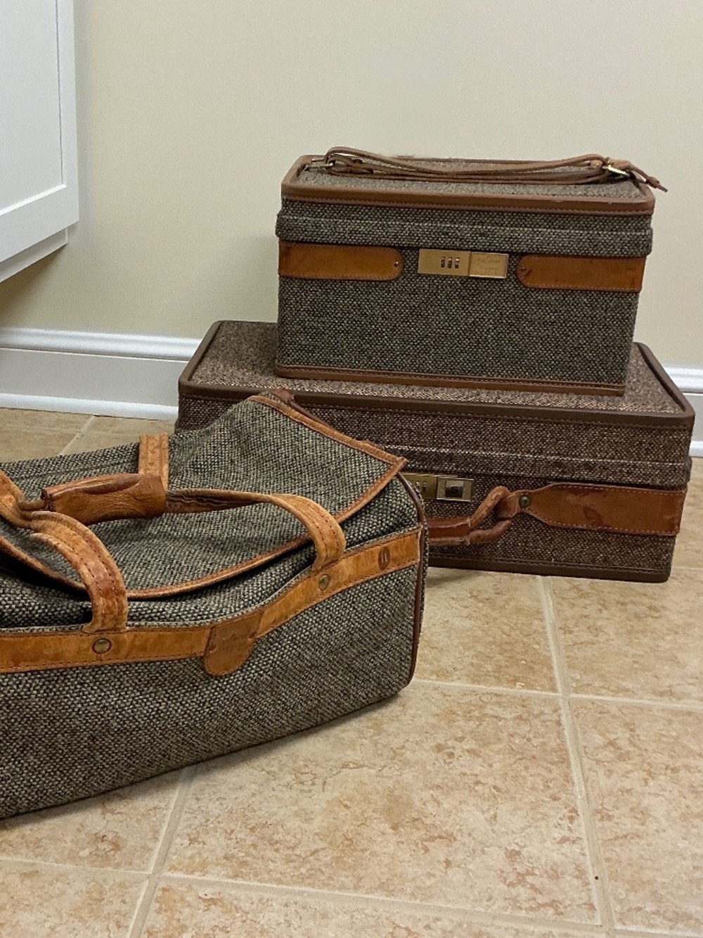 Vintage Hartmann Tweed & Belting Leather Luggage Trio - Set of 3